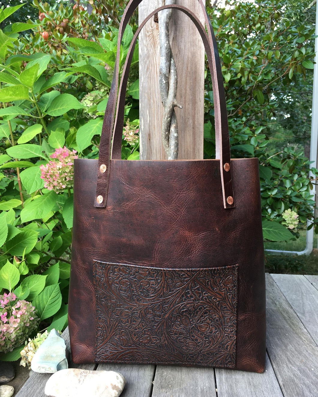 Leather Tote with Tooled/Embossed Pocket