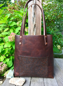 Leather Tote with Tooled/Embossed Pocket