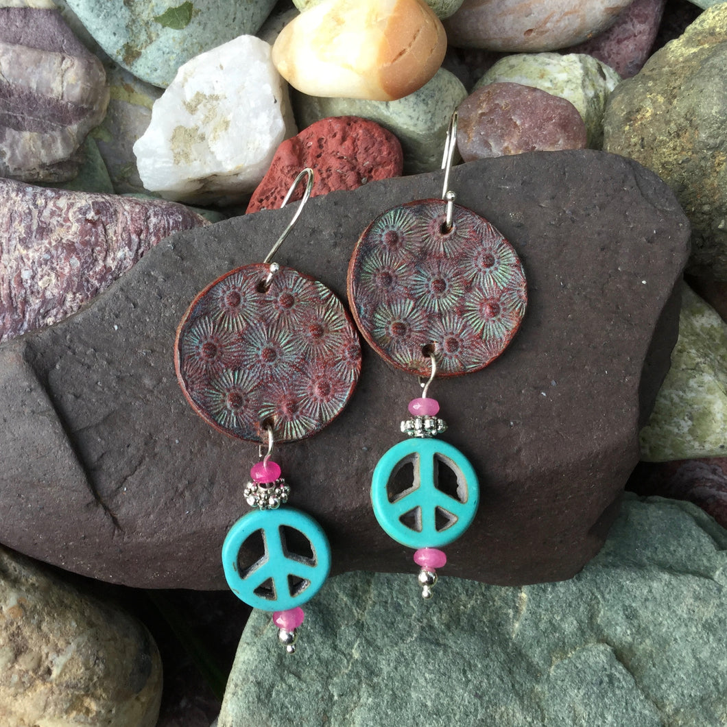 Leather Earrings Turquoise Peace Sign