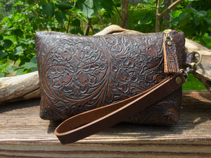 Leather Wristlet with Embossed/Vintage Tooled Design