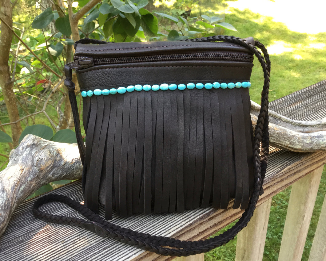 Deerskin Leather Fringe Crossbody Bag with Turquoise